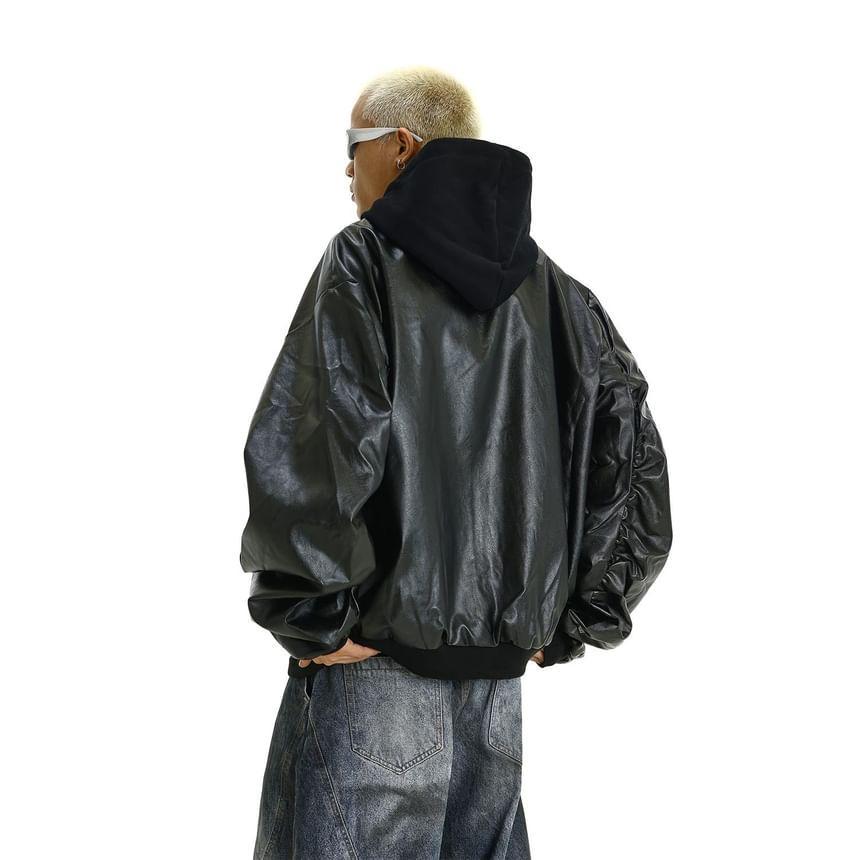 Plain Hood Panel Faux Leather Zip Jacket Product Image