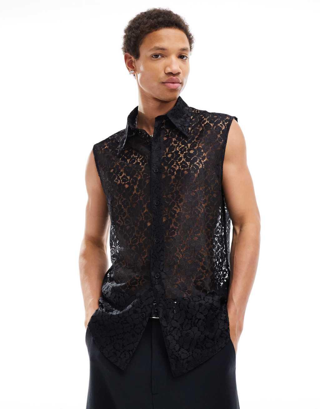 ASOS DESIGN sleeveless 70s collar lace shirt in black  Product Image