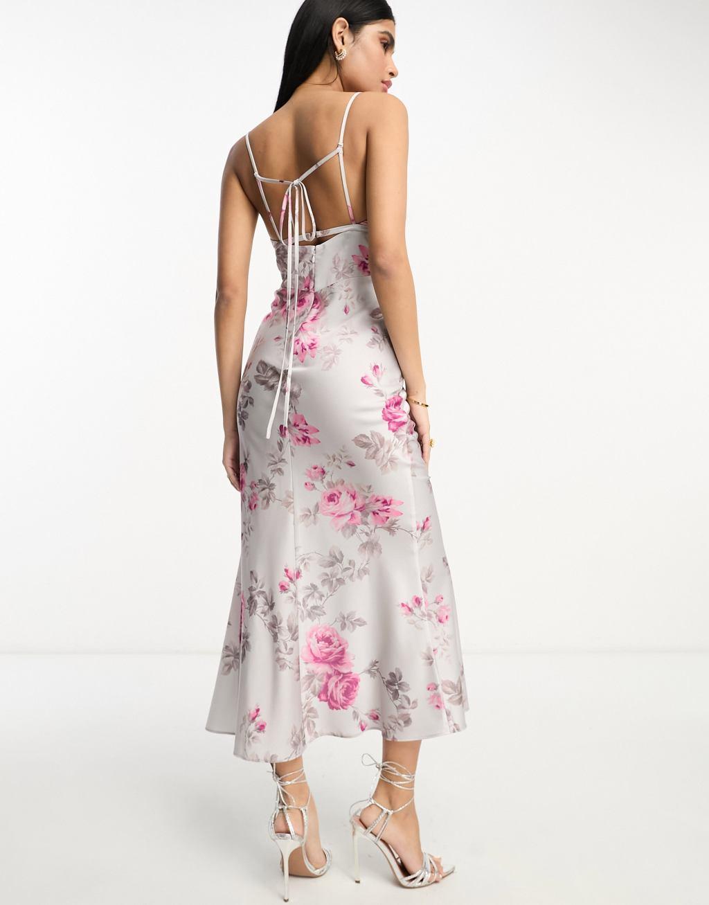 ASOS DESIGN satin corset detail plunge midi dress Product Image