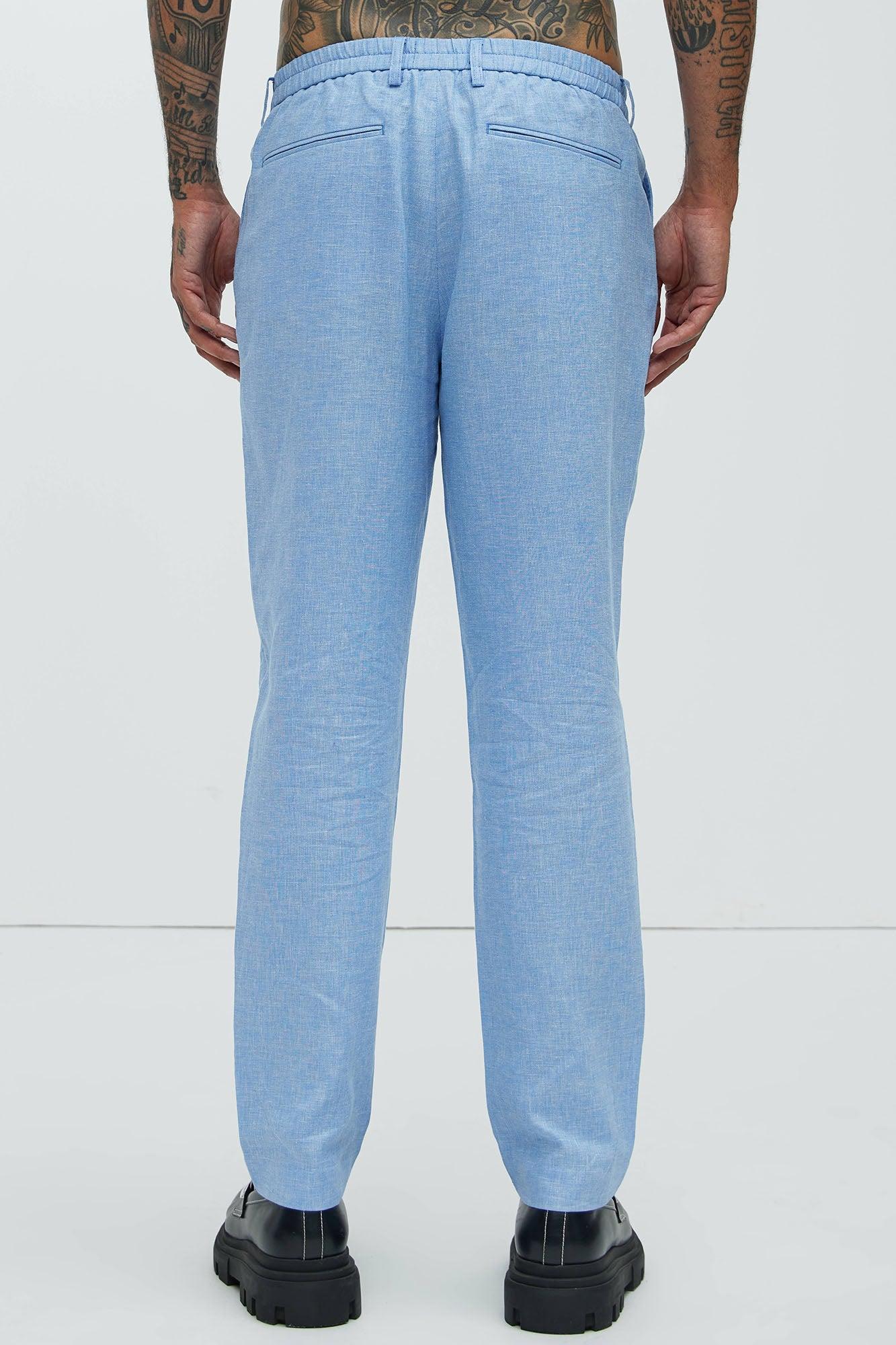 Bahamas Straight Pleated Linen Trousers - IceBlue Product Image