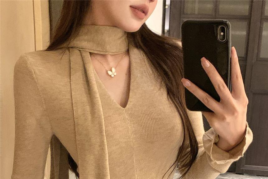 Long-Sleeve Scarf Neck Plain Slim Fit Knit Top Product Image