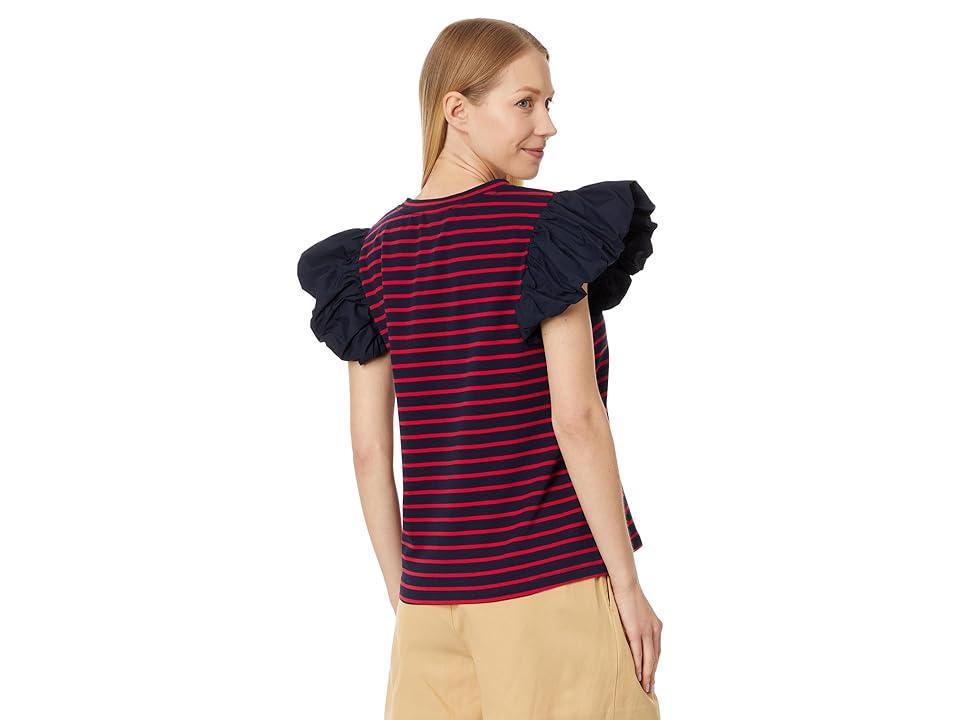 English Factory Stripe Knit with Poplin Puff Sleeve Top (Navy/Red) Women's Clothing Product Image