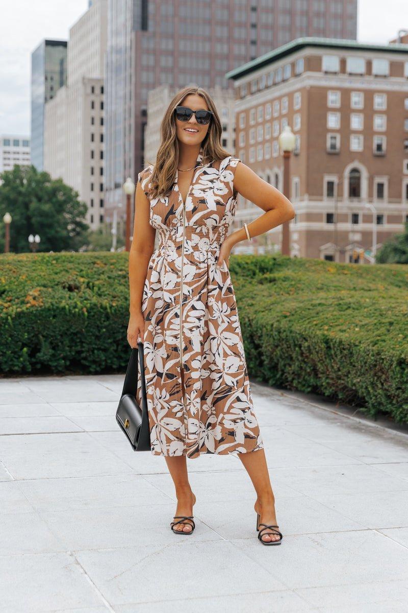 Brown Floral Zip Up Midi Dress - FINAL SALE Product Image