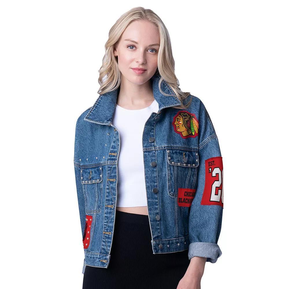 Women's G-III 4Her by Carl Banks Chicago Blackhawks Game Ball Cropped Button-Up Denim Jacket,  Product Image