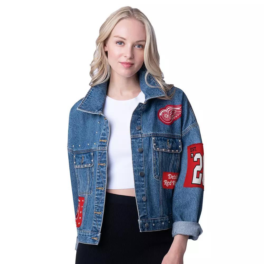 Women's G-III 4Her by Carl Banks Detroit Red Wings Game Ball Cropped Button-Up Denim Jacket,  Product Image