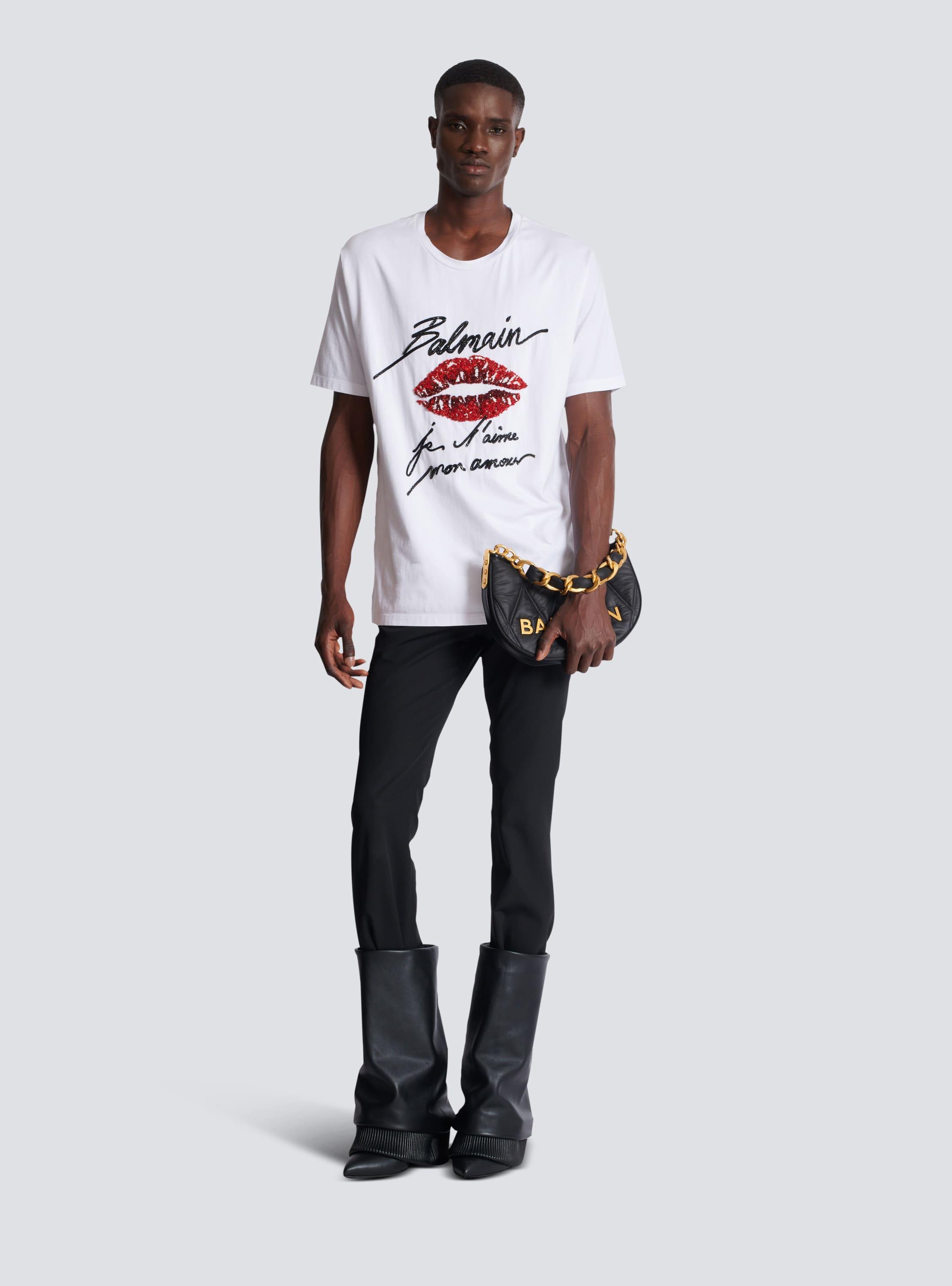 Embroidered T-shirt with Balmain "Love Letter" and Lips Product Image