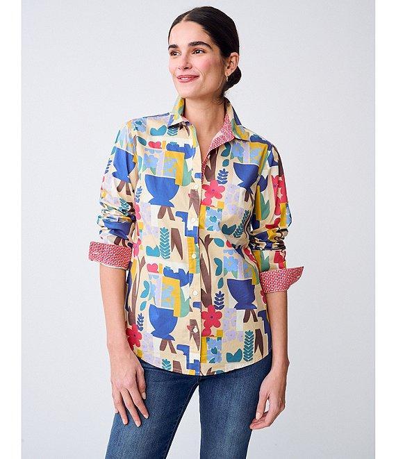 J.McLaughlin Lois Printed Cotton Relaxed Fit Point Collar Long Sleeve Blouse Product Image