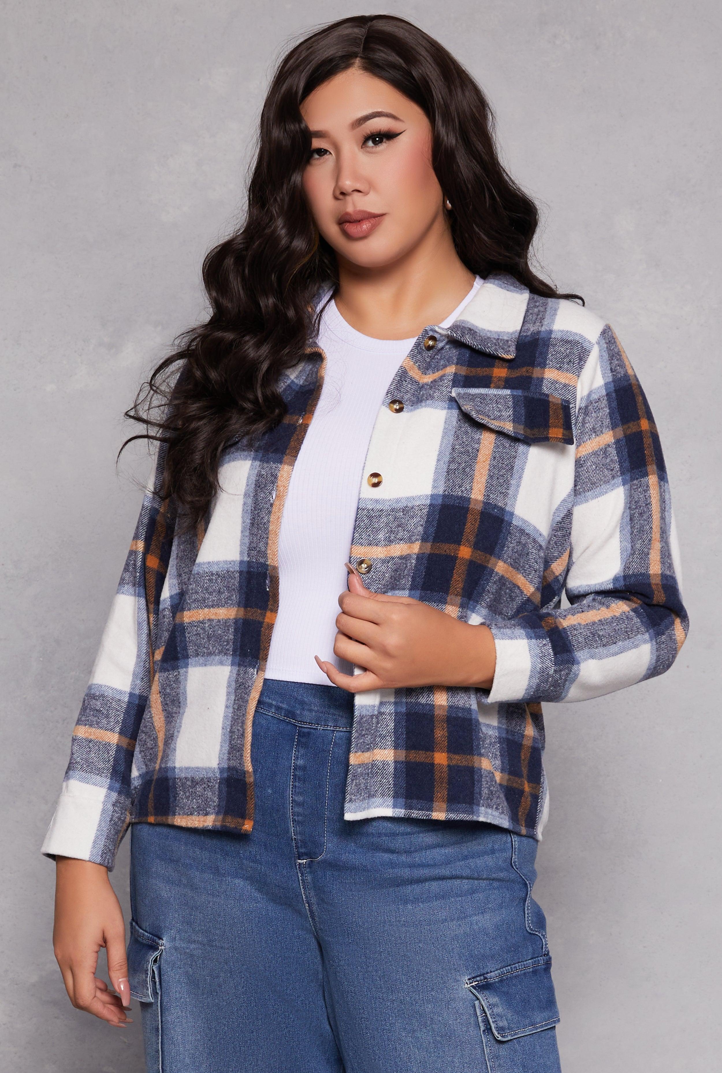 Womens Plus Size Plaid Flap Detail Flannel Shacket Product Image