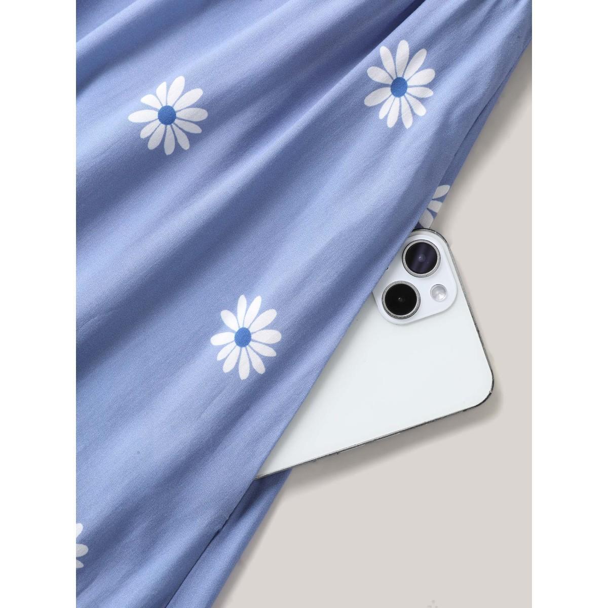 Plus Size Rayon Floral Shirred Midi Dress Mediumblue Women Boho Square Neck Short sleeve Curvy BloomChic 26/4X Product Image