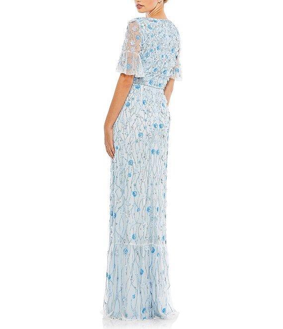 Mac Duggal V-Neck Neck Flutter Sleeve Embellished Mesh Column Gown Product Image