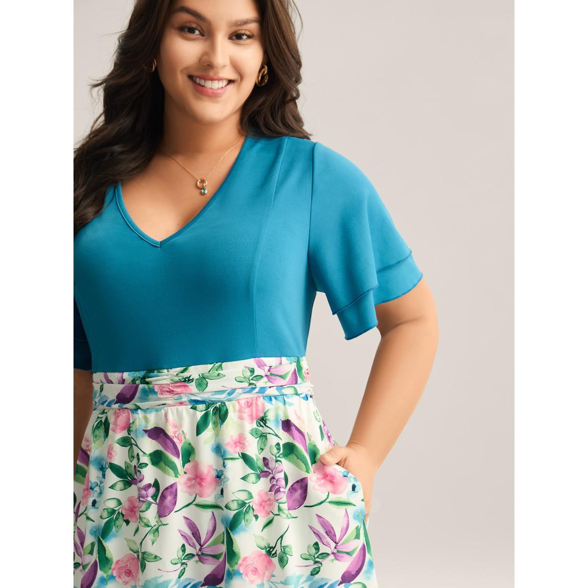 Plus Size Floral Print Layered Stretchy Waist Midi Dress Cerulean Women V-neck Short sleeve Curvy BloomChic 12/L Product Image