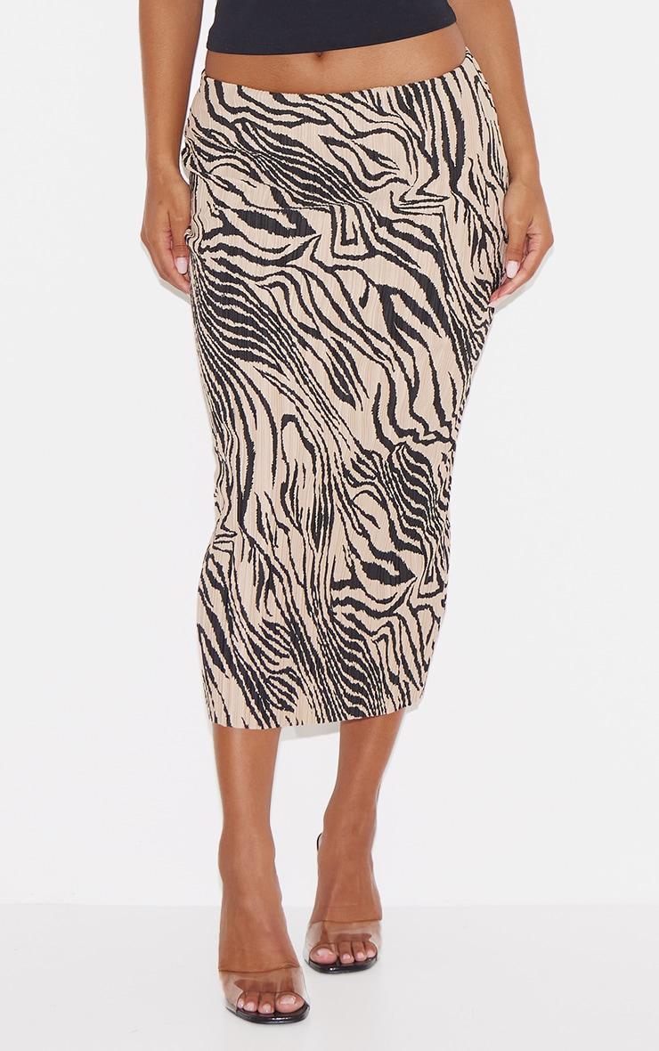 Brown Zebra Print Plisse Printed Midi Skirt Product Image