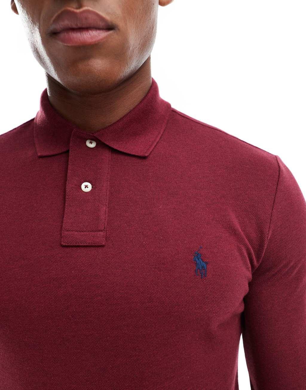 Polo Ralph Lauren icon logo slim fit long sleeve pique polo in burgundy heather Product Image