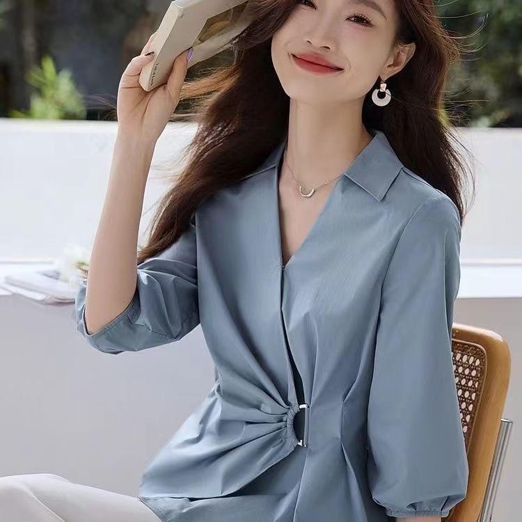 3/4-Sleeve Collared Plain Ruched Blouse Product Image