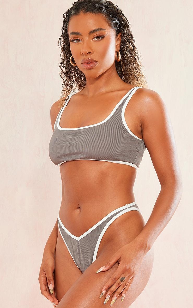 Grey Ribbed Contrast V Front Thong Bikini Bottoms Product Image