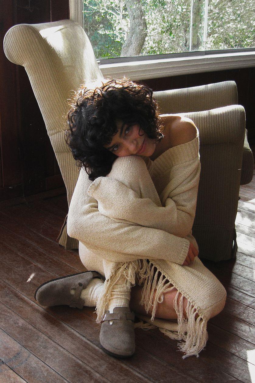 Knitted Fringe Detail Midi Skirt Beige Product Image