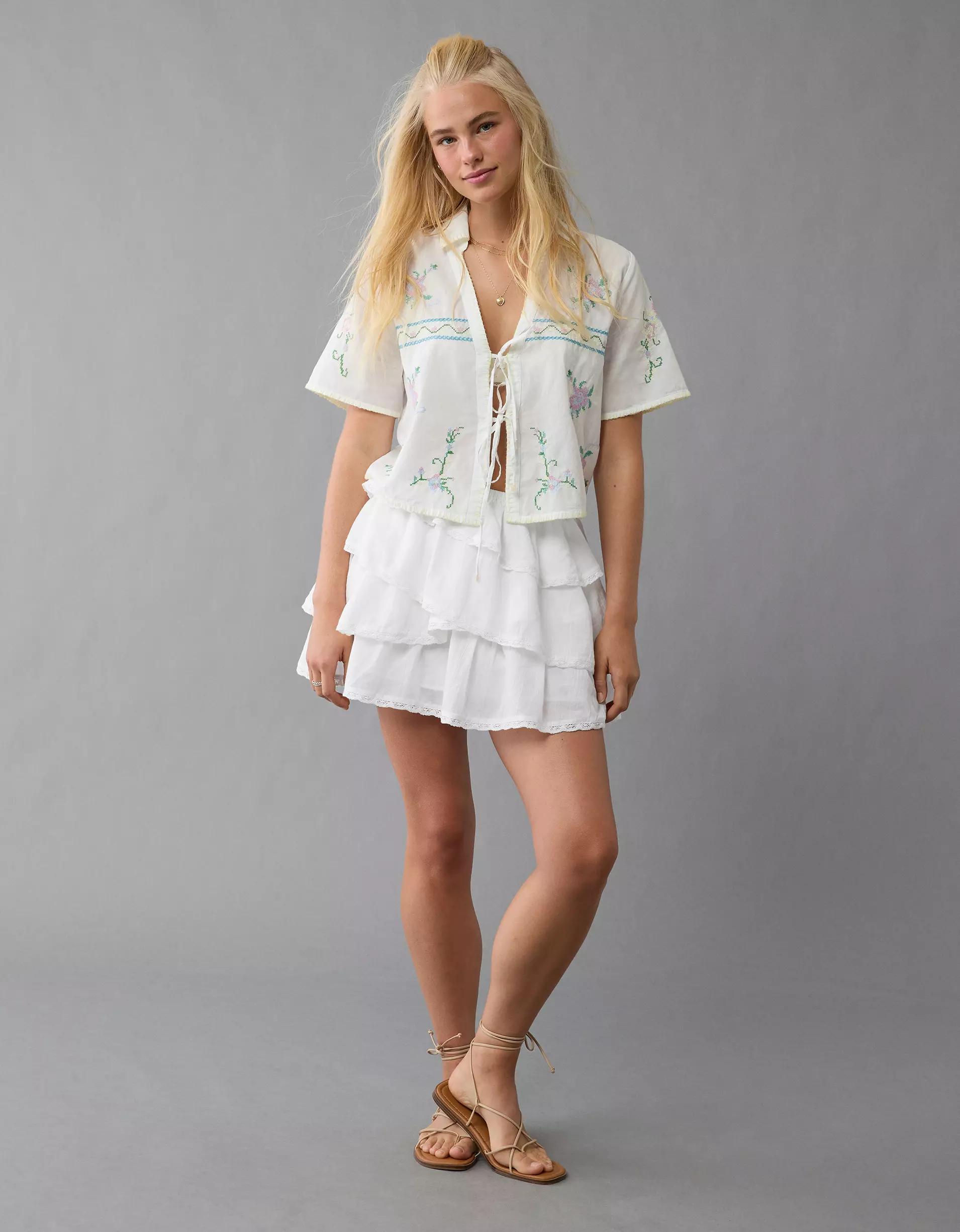 AE Collared Tie Front Embroidered Shirt Product Image