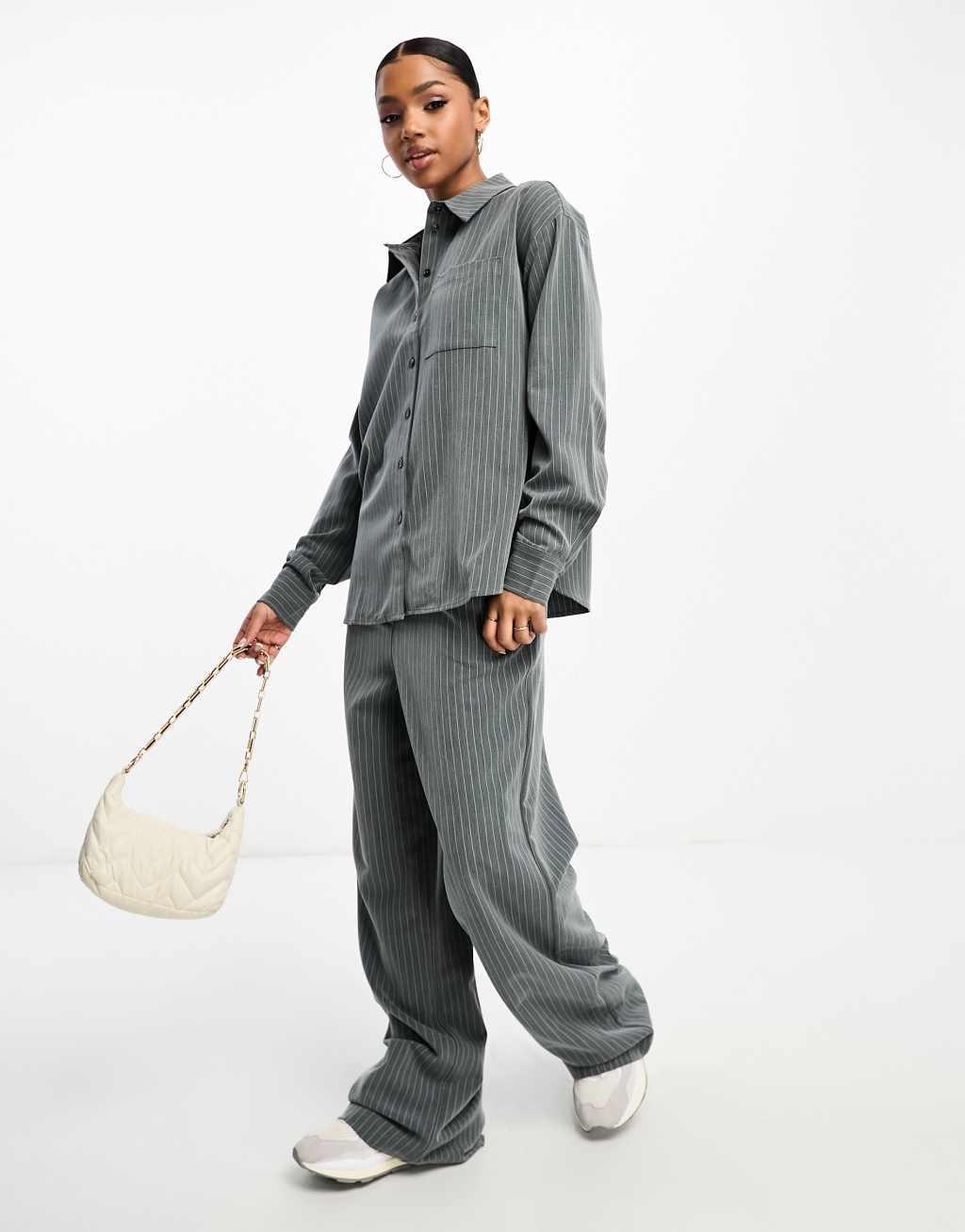 Vero Moda pinstripe wide leg pants in gray - part of a set  Product Image