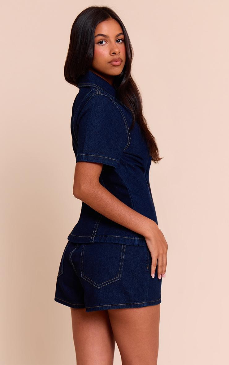  Petite Indigo Denim Button Up Short Sleeve Shirt Product Image
