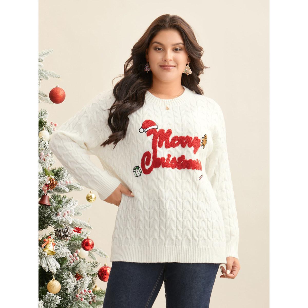 Plus Size Supersoft Essentials Holiday Cable Knit Pullover Ivory Women Casual Loose Long Sleeve Round Neck Everyday Pullovers BloomChic 22-24/3X Product Image