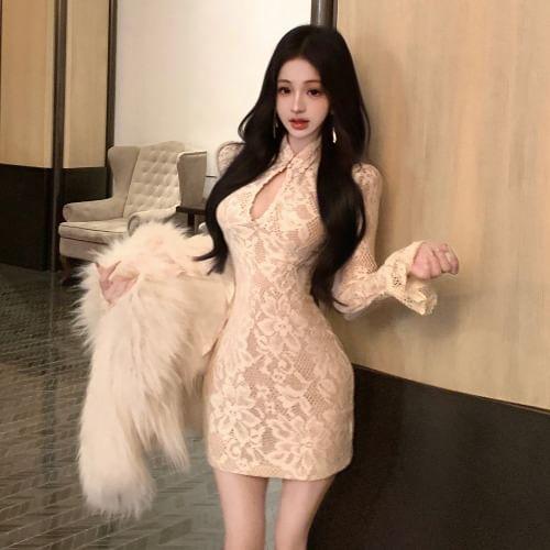 Long Sleeve Stand Collar Cutout Lace Bodycon Mini Dress Product Image