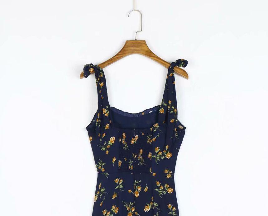 Tie Shoulder Floral Print Midi A-Line Dress Product Image