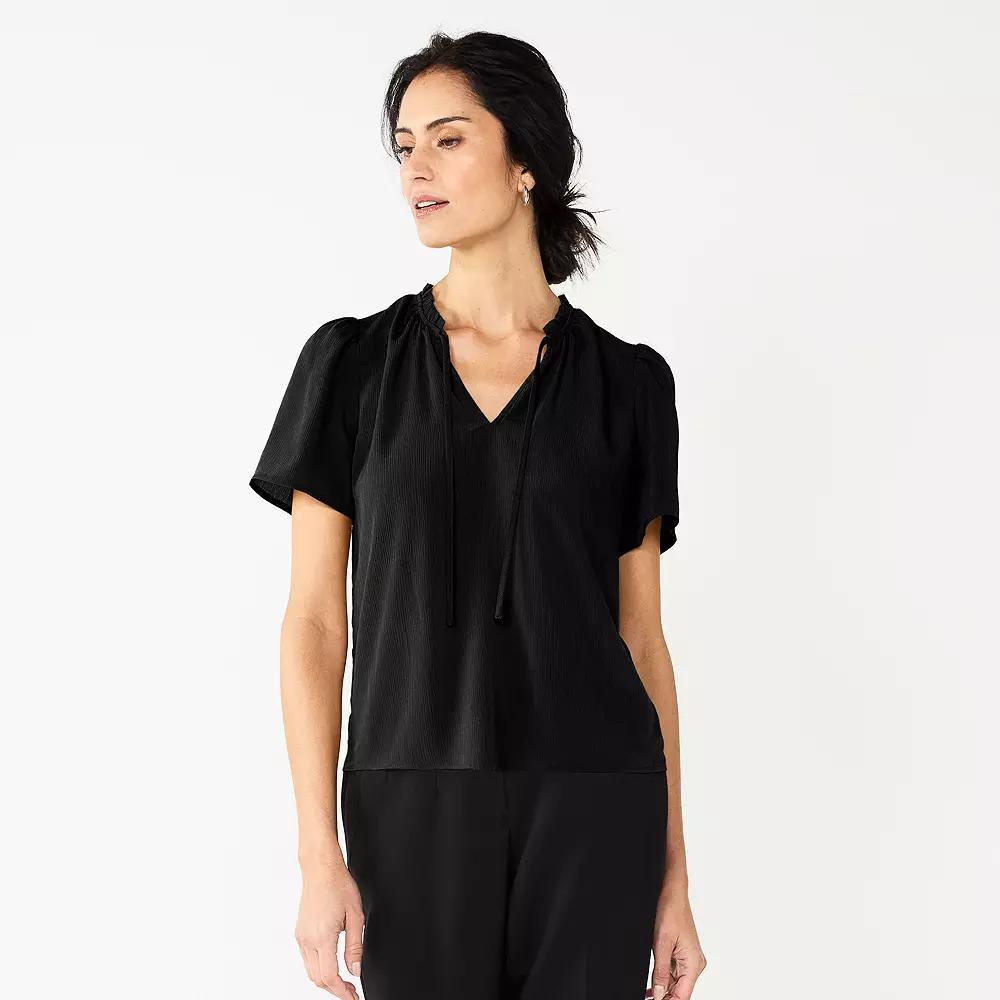 Women's Nine West Tie Front Ruffle Neck Top, Size: XS, Mineral Black Product Image