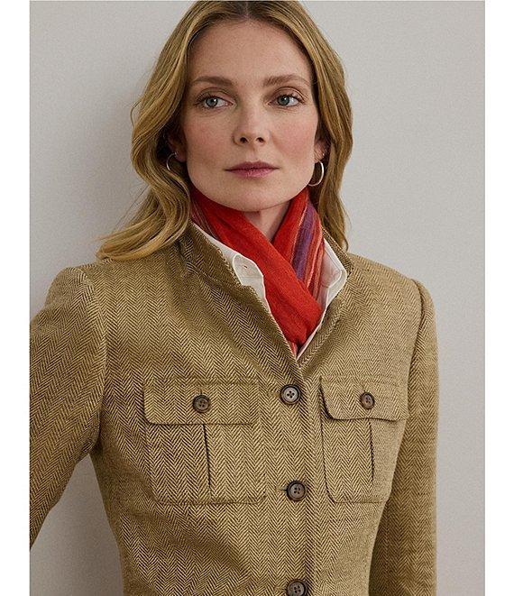 Lauren Ralph Lauren Petite Size Herringbone Linen Band Collar Long Sleeve Button Front Jacket Product Image