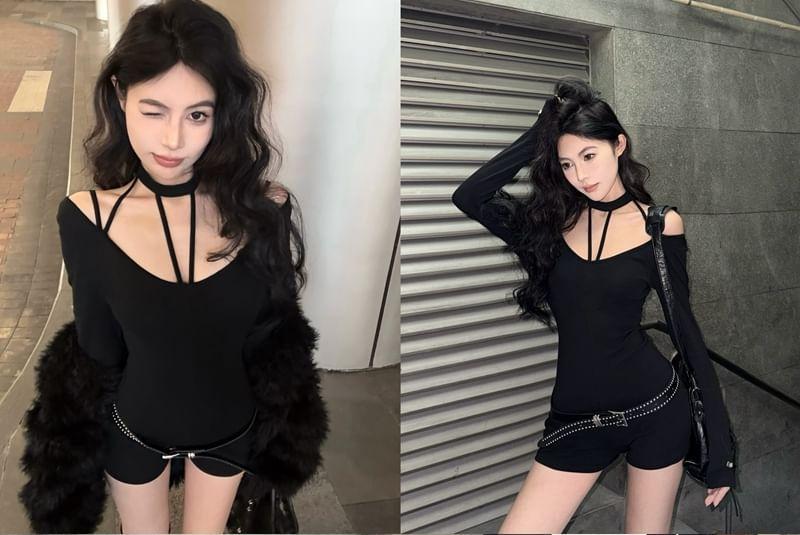 Long-Sleeve Cold-Shoulder Plain Strappy Slim Fit Romper Product Image