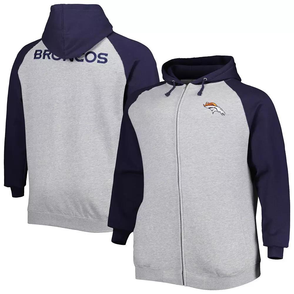 Men's Heather Gray Denver Broncos Big & Tall Fleece Raglan Full-Zip Hoodie Jacket, Size: 4XLT, Grey Product Image