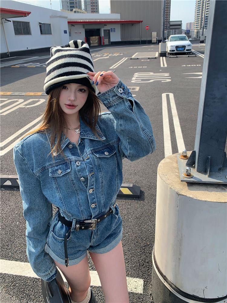 Long-Sleeve Washed Button-Up Denim Romper Product Image