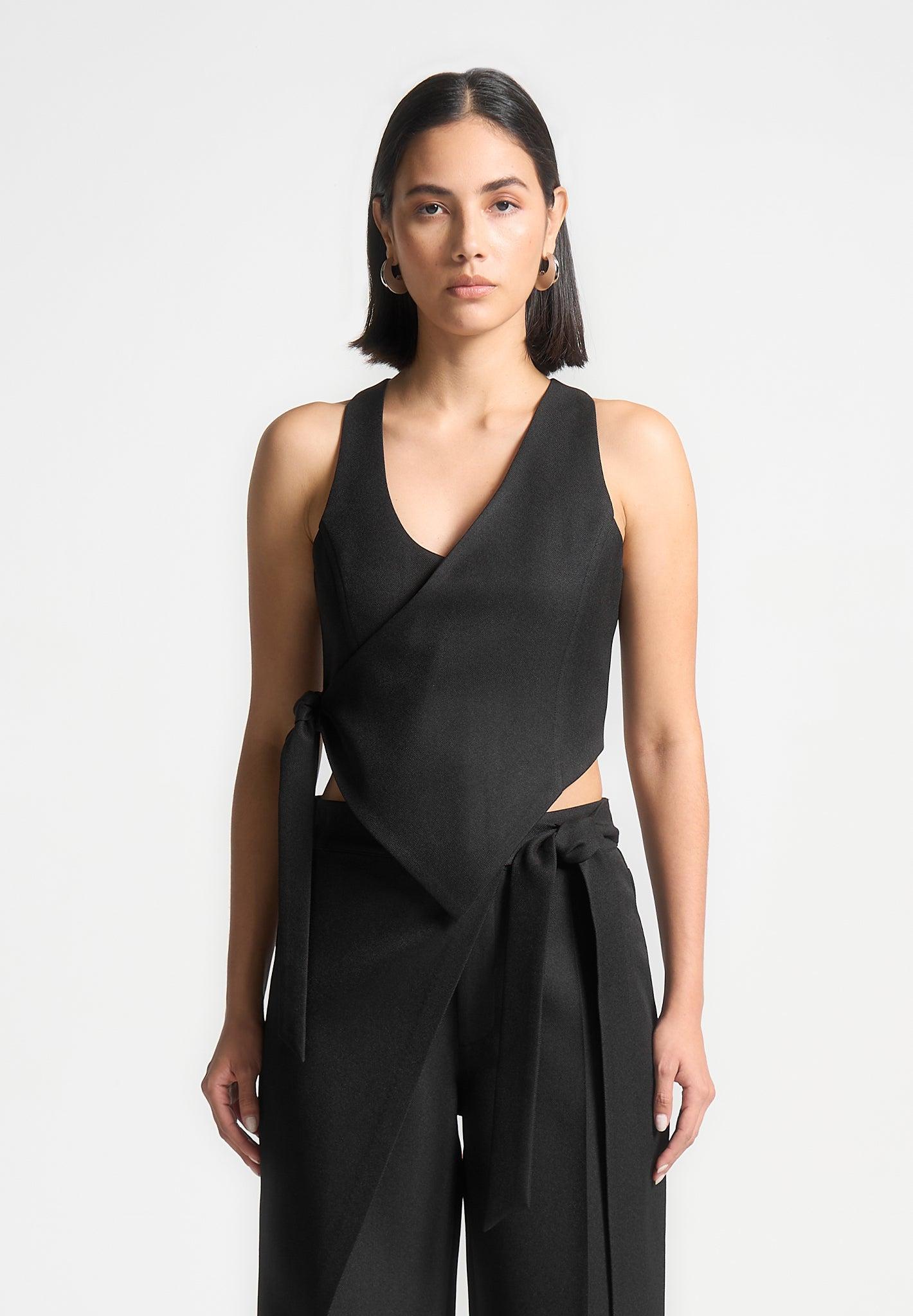 Asymmetric Tailored Waistcoat with Tie - Black Female Product Image