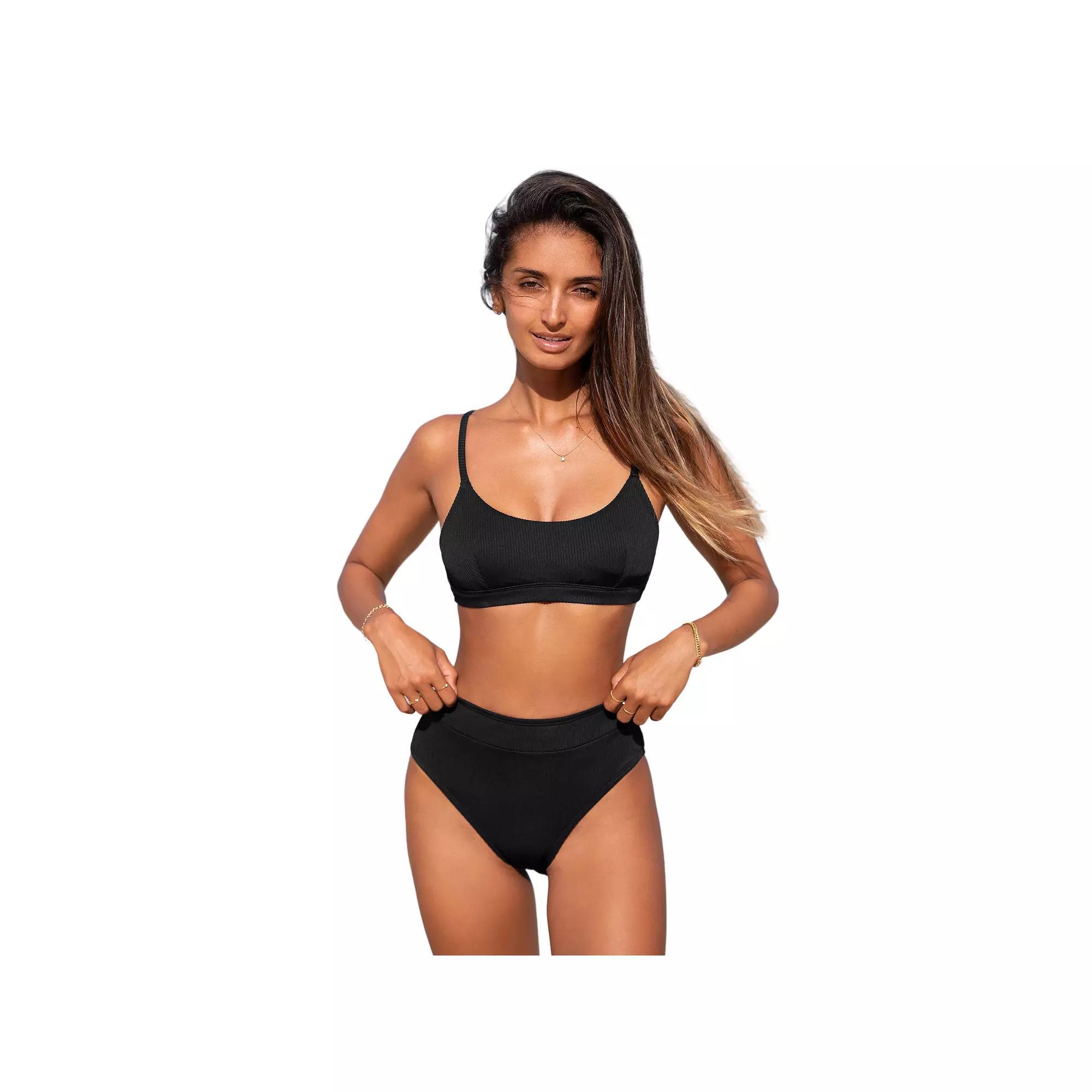 Women's Cupshe Rib Scoop Bralette & Banded High Waist Bikini Set, Size: Large, Black Product Image