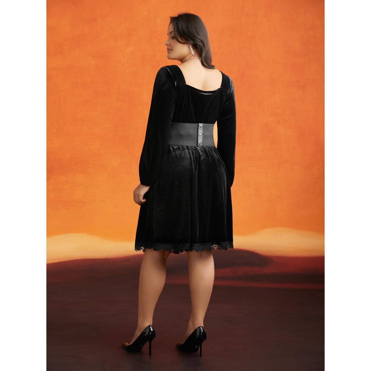 Plus Size Spellbound Velvet Sweetheart Neckline Midi Dress Black Women Cocktail Woven ribbon&lace trim Party Curvy Bloomchic 18-20/2X Product Image