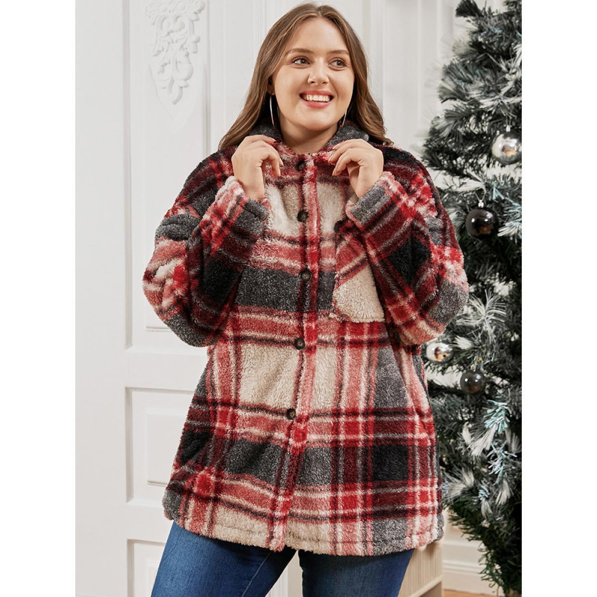 Plus Size Plaid Button Up Pocket Fuzzy Coat Women Red Casual Button Ladies Dailywear Winter Coats BloomChic 26/4X Product Image