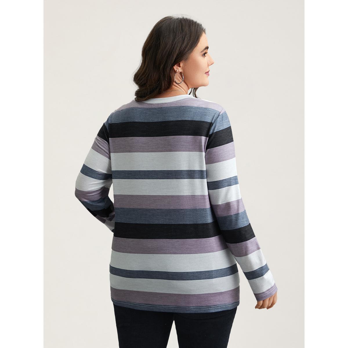 Plus Size Multi-Color Stripes Stretchy T-Shirt Multicolor Women Casual Contrast Round Neck Everyday T-shirts BloomChic 28/5X Product Image