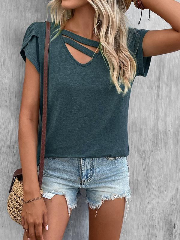 Loose Short Sleeves Solid Color V-Neck T-Shirts Tops Product Image