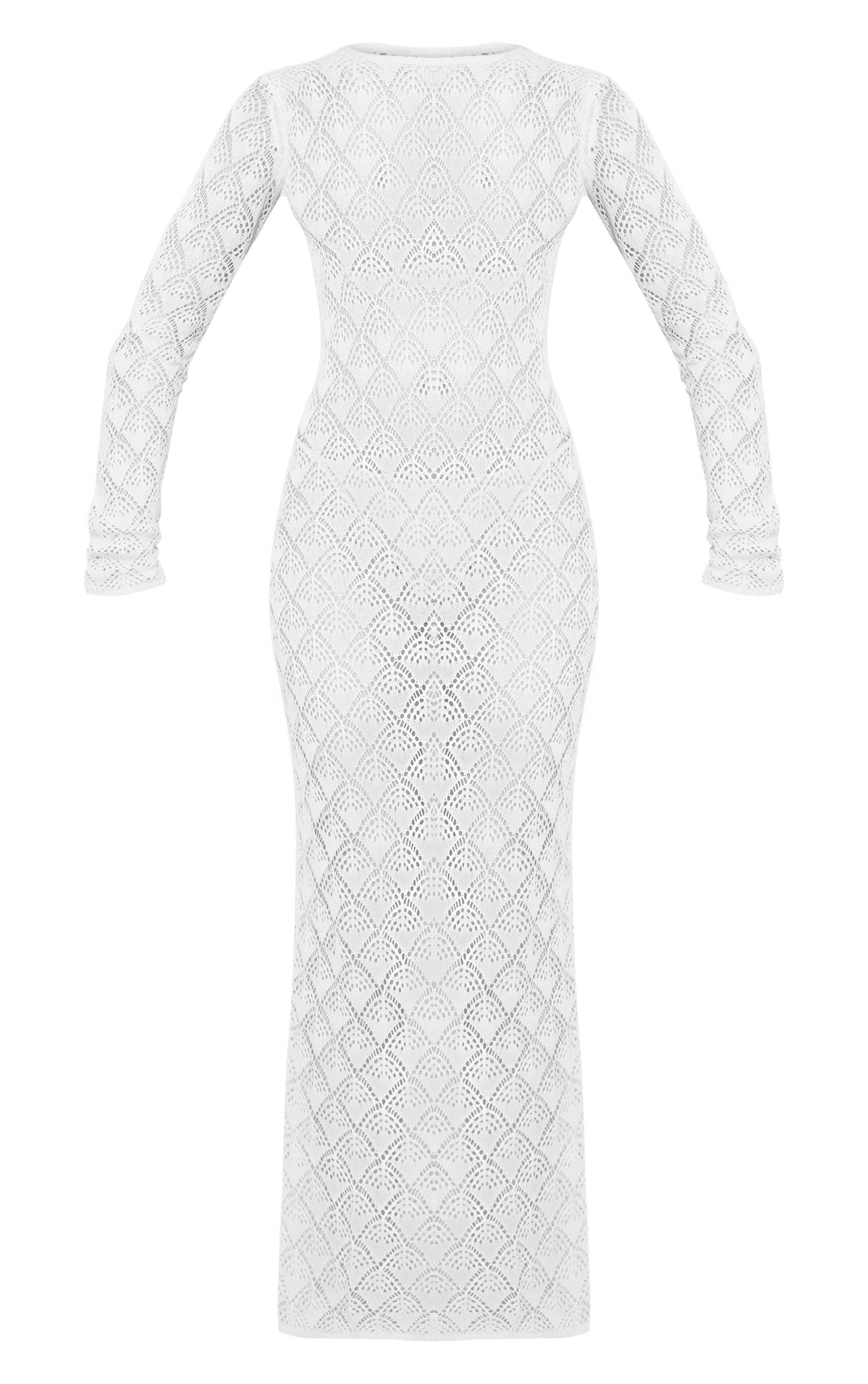 Cream Patterned Crochet Long Sleeve Maxi Dress Product Image