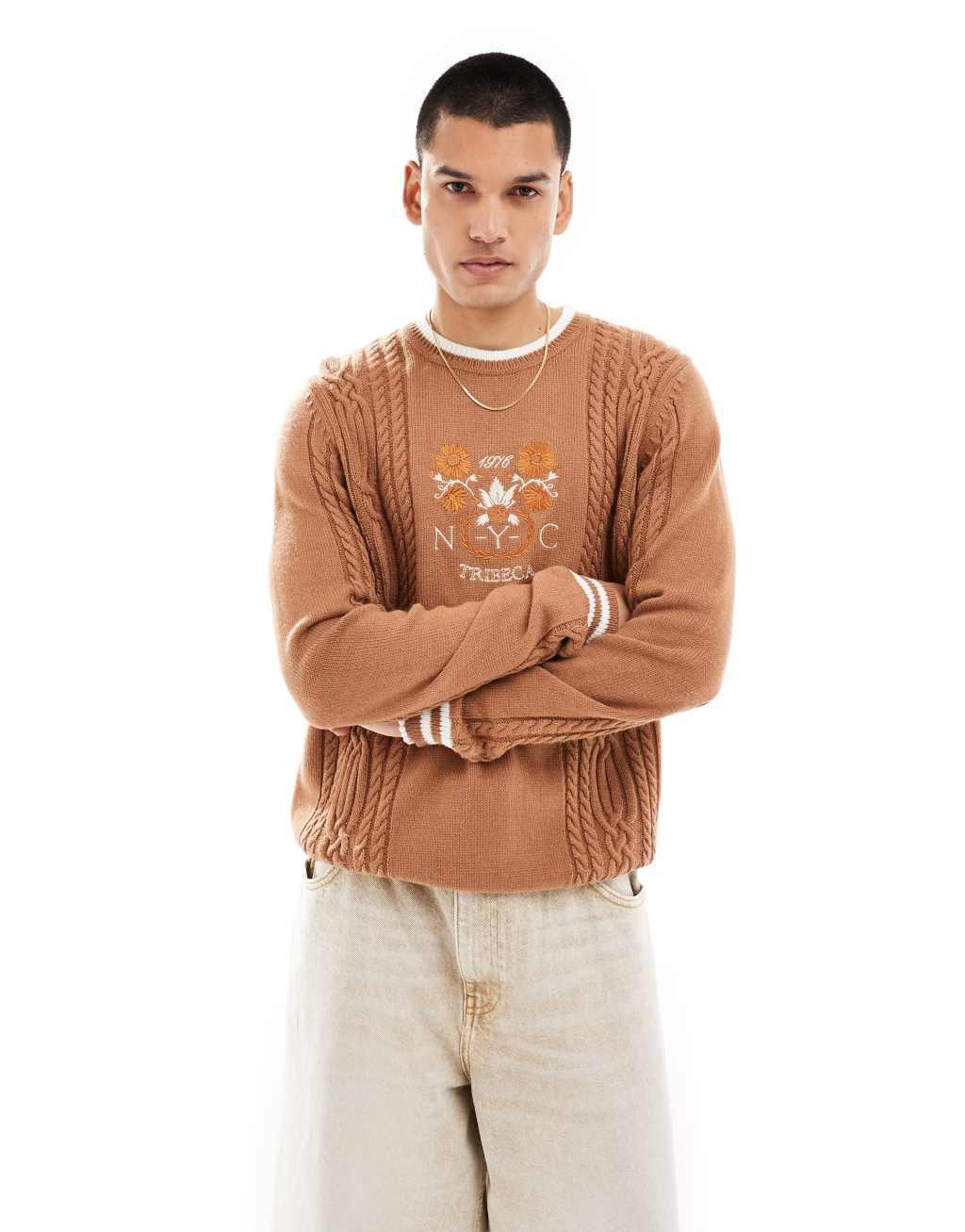 ASOS DESIGN knit cable sweater in brown with contrast trims and embroidery Product Image