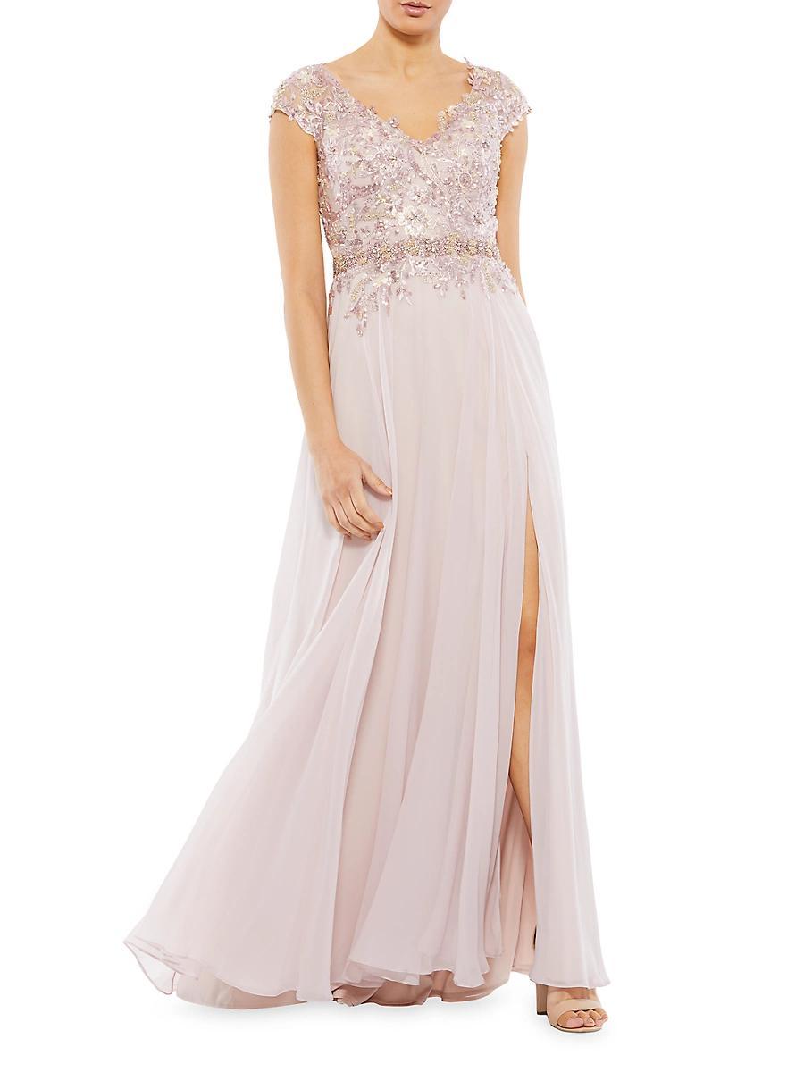 Womens Embellished Chiffon Cap-Sleeve Gown Product Image