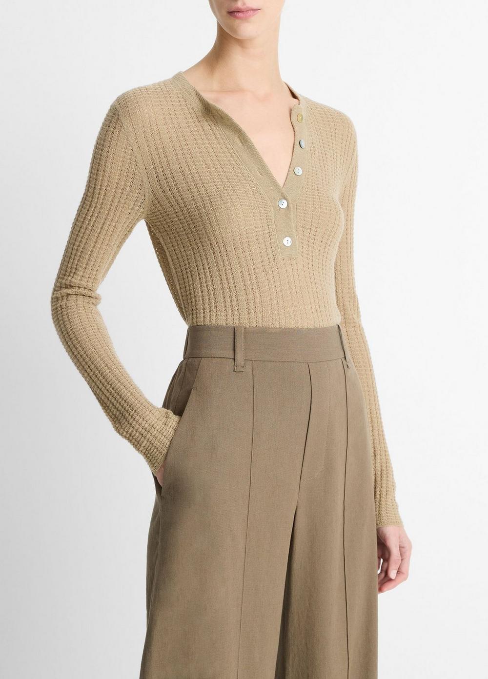 Waffle-Knit Cashmere-Silk Henley Sweater Product Image