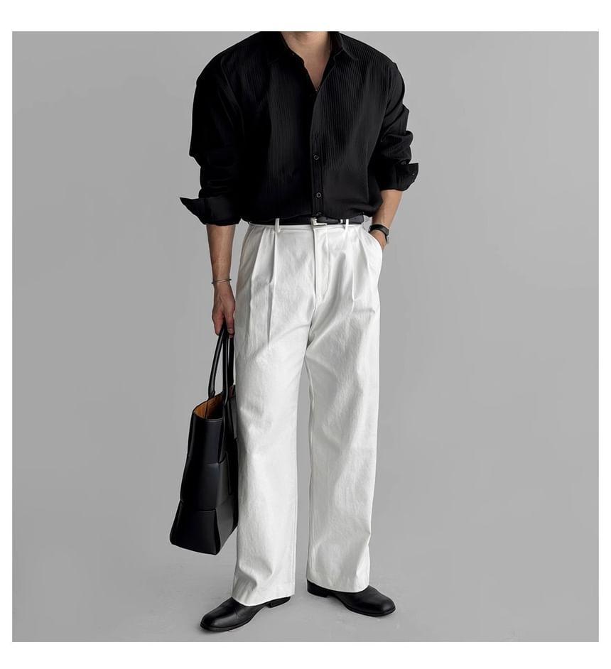 Long-Sleeve Collared Plain Button Up Shirt Product Image