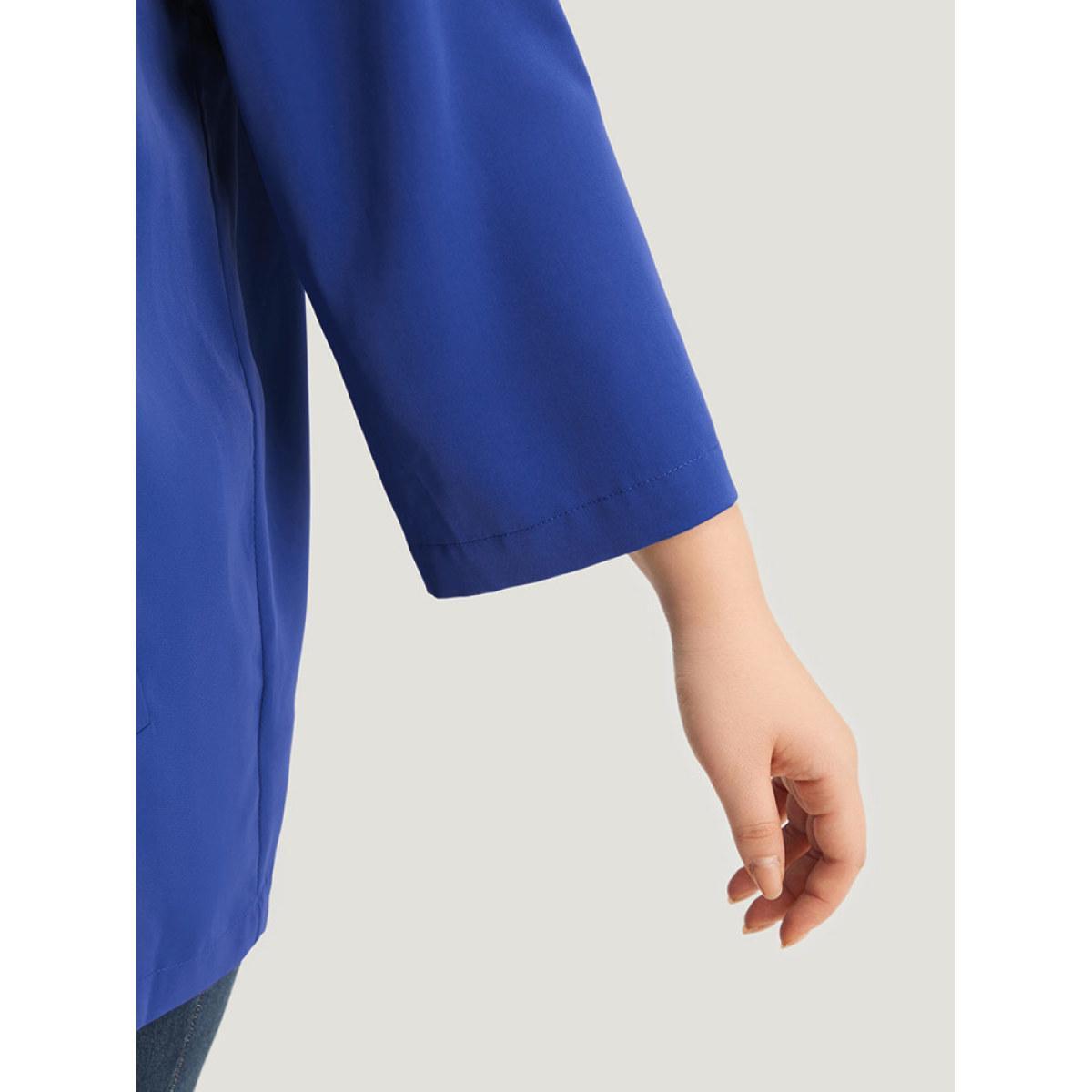 Plus Size Solid Lapel Collar Pocket Blazer Blue Women Work Plain Plain Sleeve Long Sleeve Lapel Collar 10/M Pocket Office Blazers BloomChic Product Image