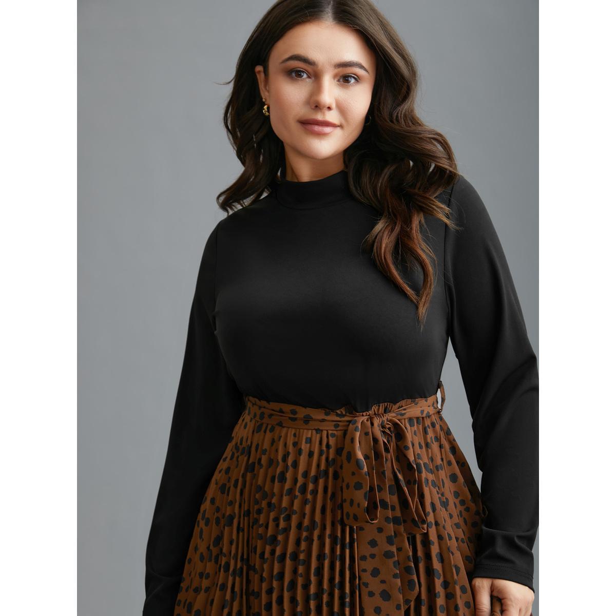 Plus Size Leopard Print Pleated Mock Neck Midi Dress Bronze Women At the Office Belted Mock Neck Long Sleeve Curvy BloomChic 30/6X Product Image