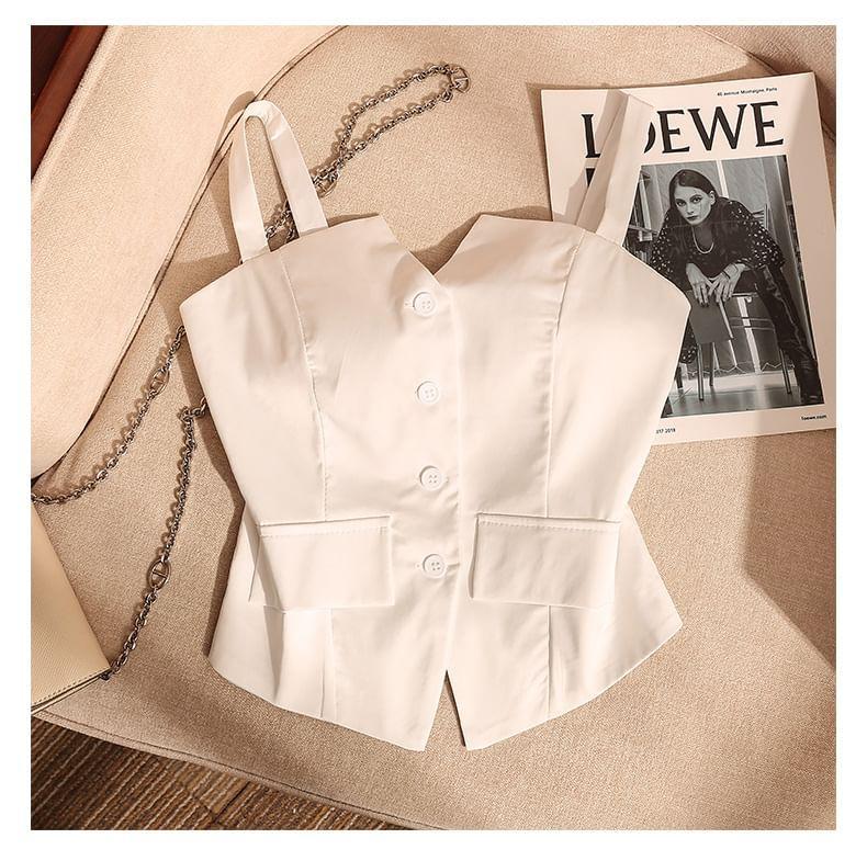 Sleeveless V-Neck Plain Button Down Cropped Vest Product Image