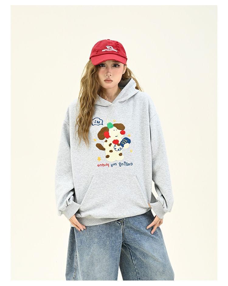 Drop Shoulder Dog Embroidered Oversized Hoodie Product Image