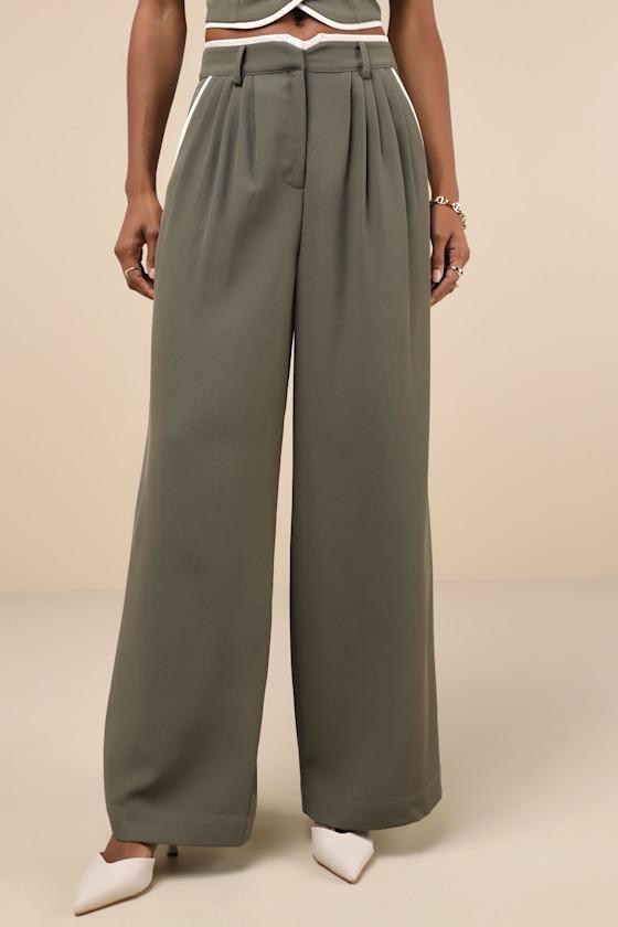 Composed Aesthetic Olive Green Color Block Wide-Leg Pants Product Image
