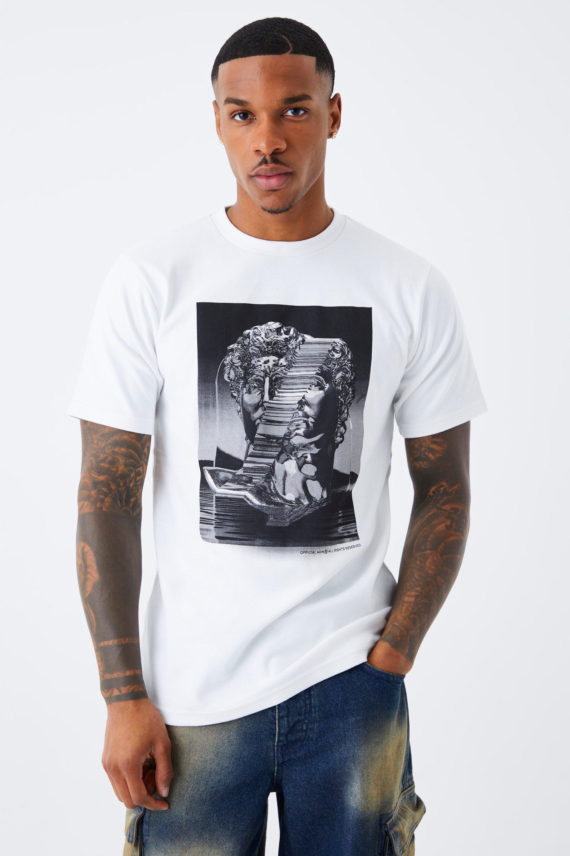 Mens White Slim Fit Interlock Statue Print T-shirt, White Product Image