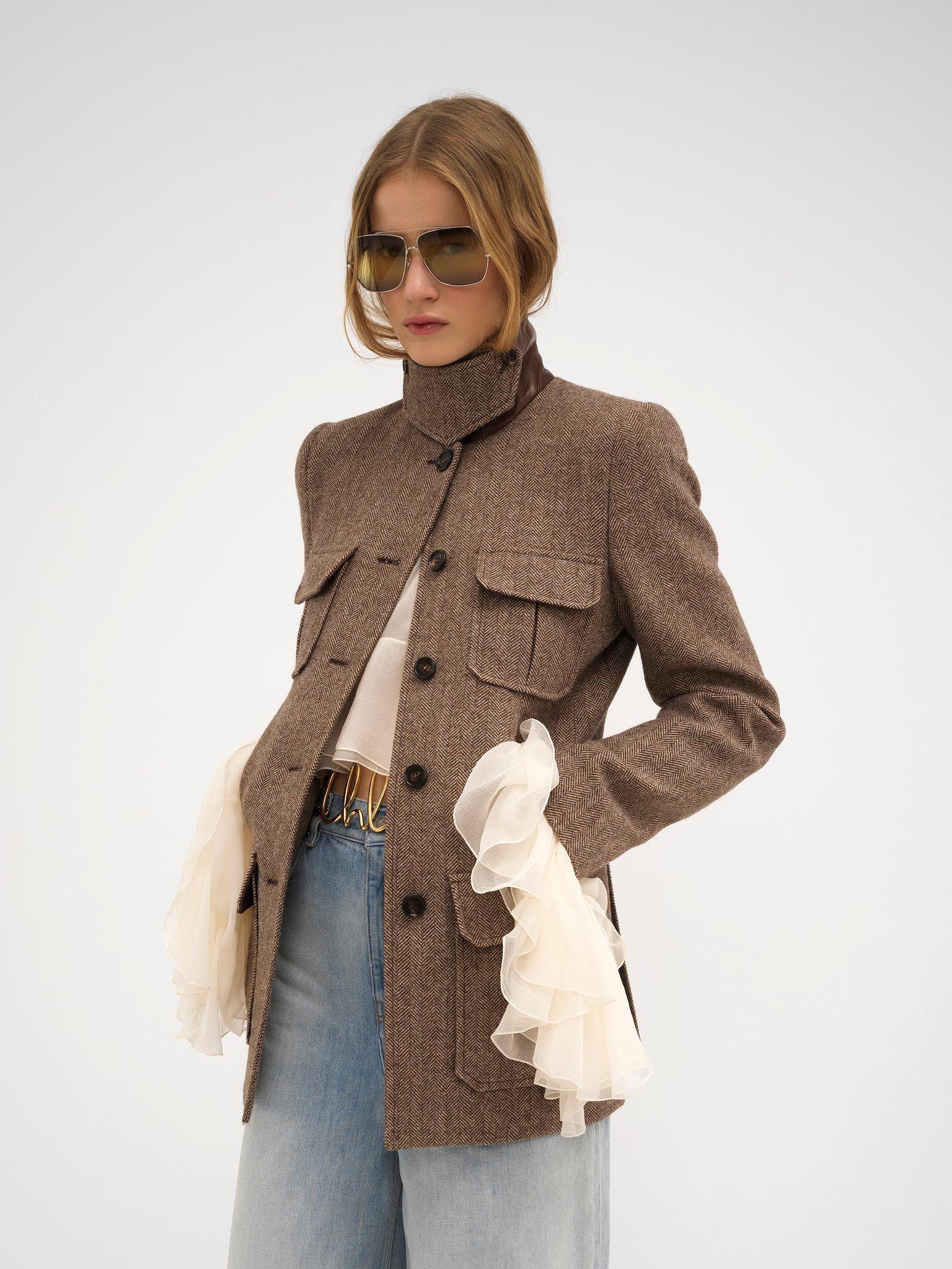 Long officer jacket in herringbone wool Product Image