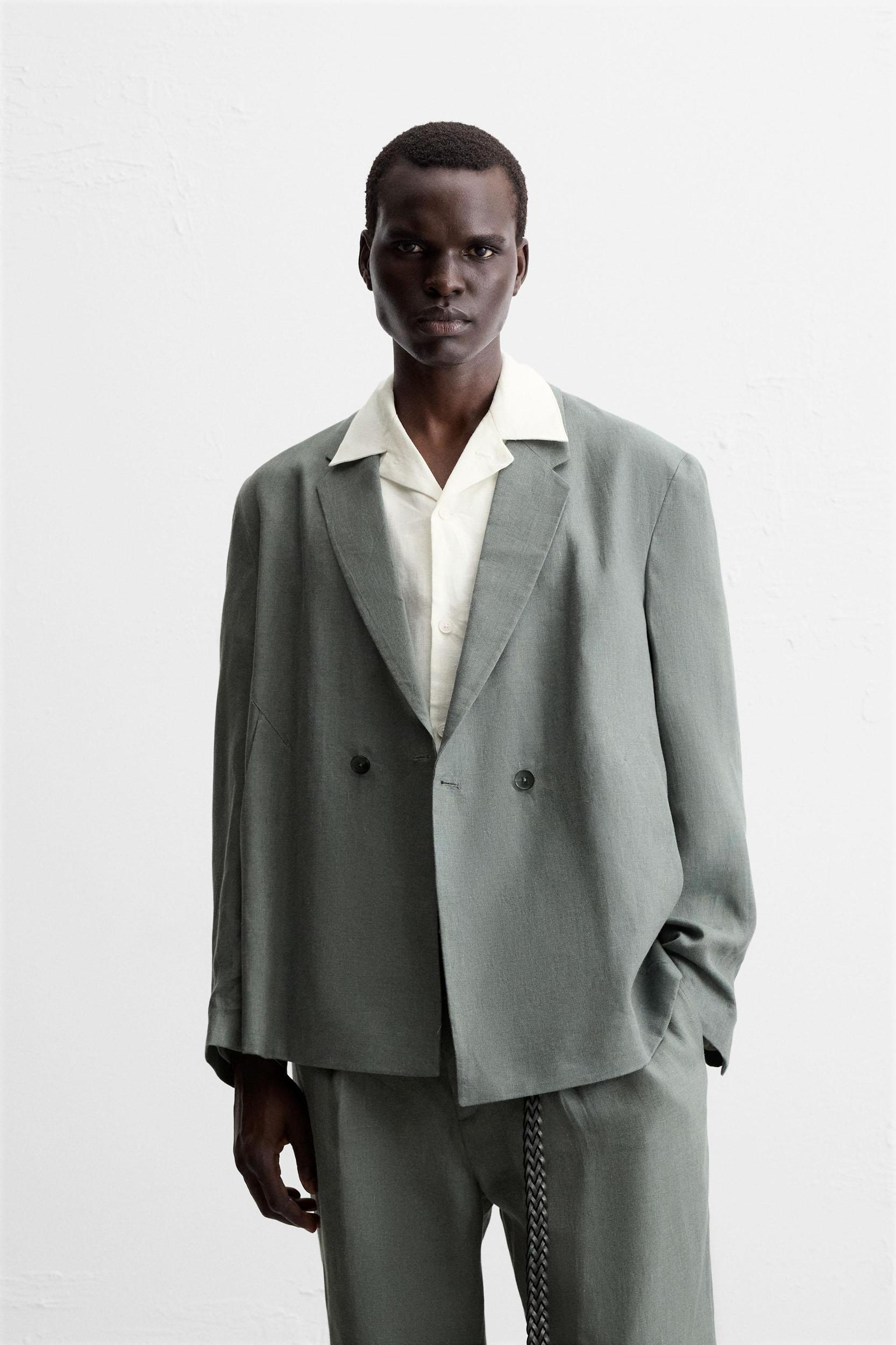 100% LINEN DOUBLE BREASTED SUIT BLAZER Product Image